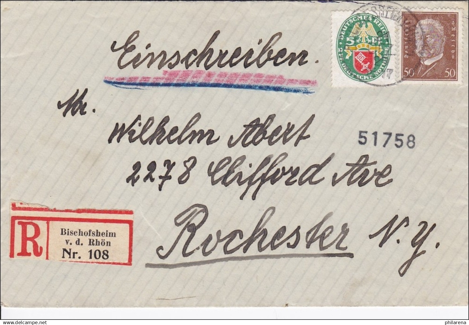 Weimar:  Breif Von Bischofsheim Als Einschreiben Nach USA 1930 - Lettres & Documents