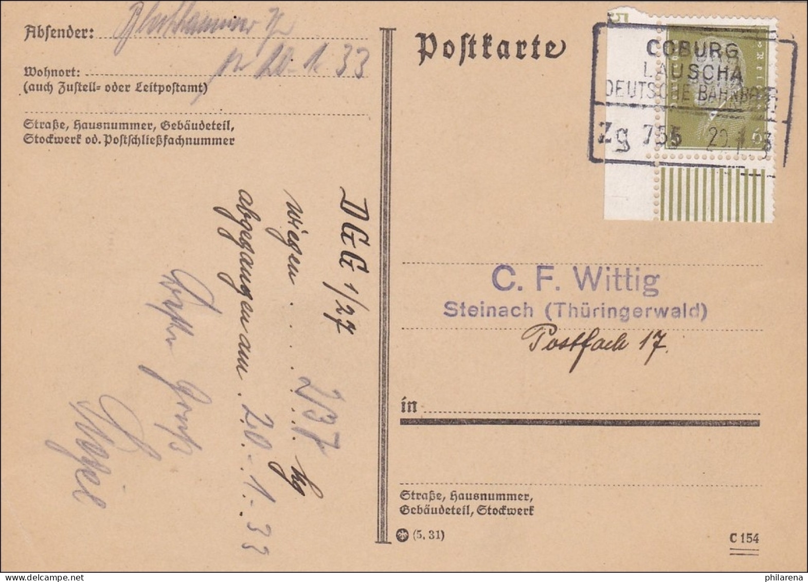 Weimar: Postkarte Von Coburg-Lauscha Nach Steinach 20.1.1933 - Lettres & Documents