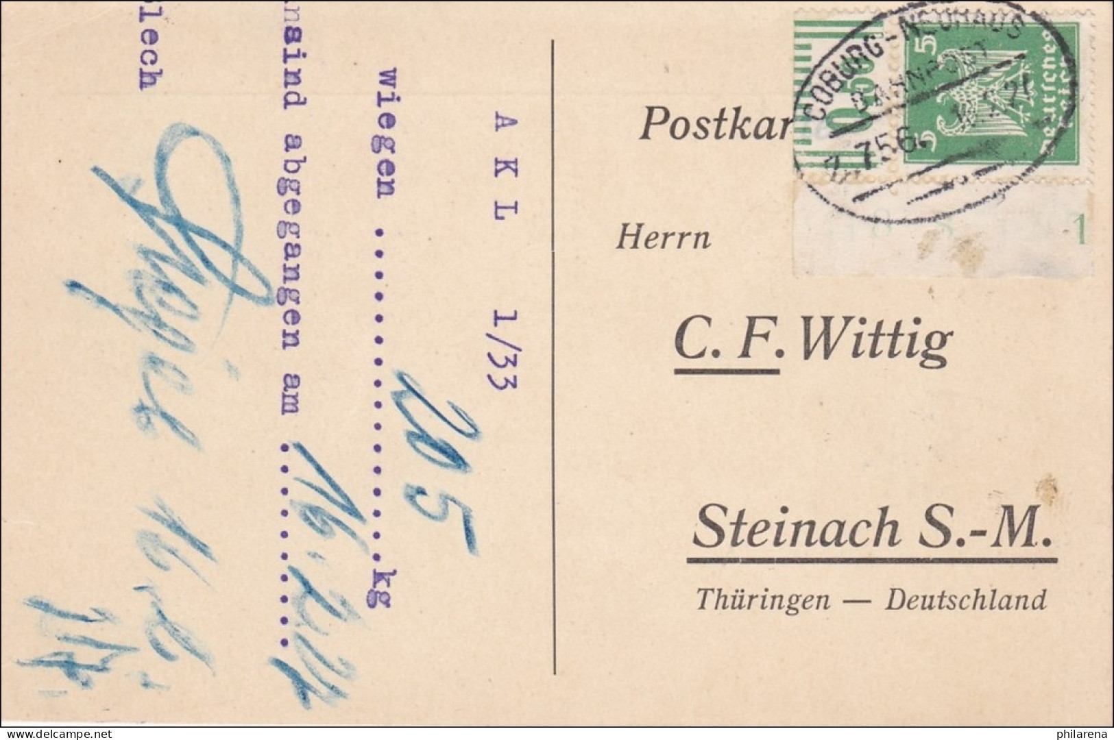 Weimar: Postkarte Von Coburg-Neuenhaus Nach Steinach - Briefe U. Dokumente
