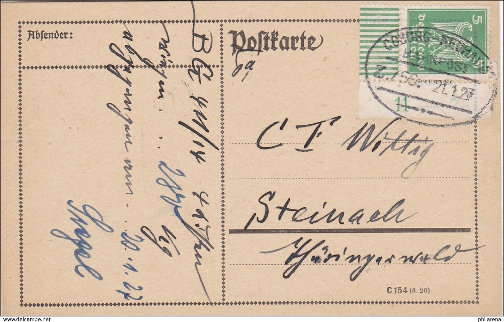 Weimar: Postkarte Von Coburg-Neuhaus Nach Steinach - Eckrand 1927 - Cartas & Documentos