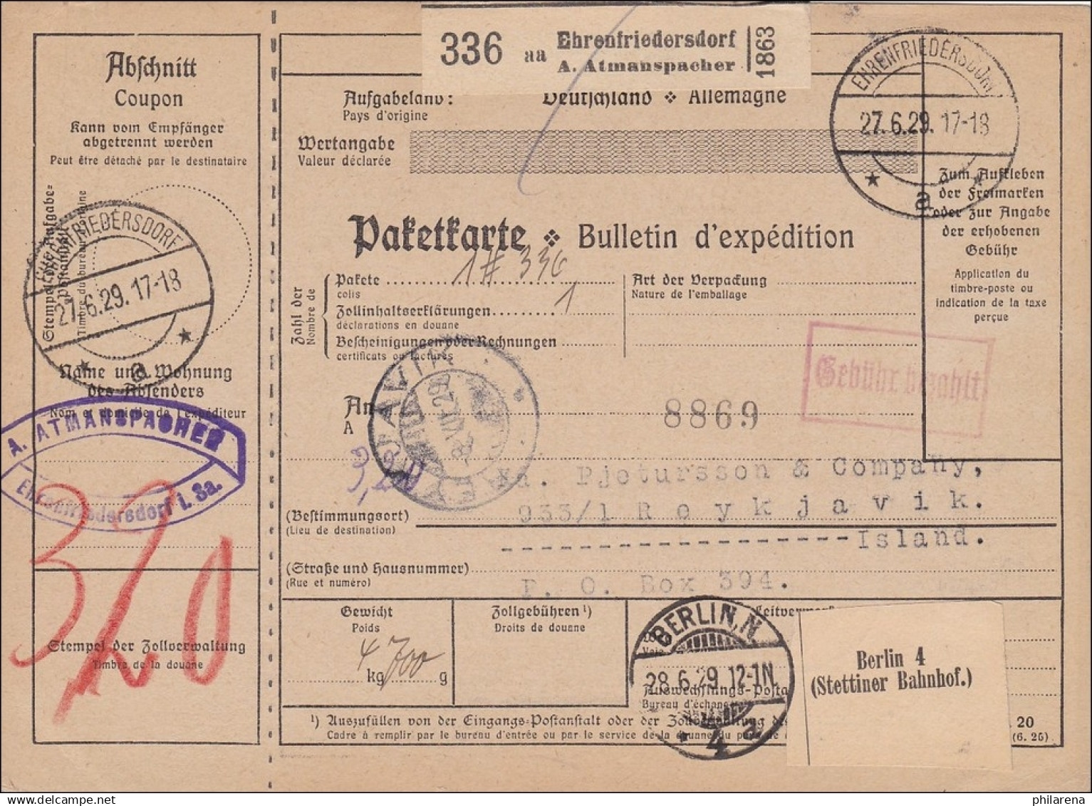Weimar: Paketkarte Von Ehrenfriedersdorf Nach Island 1929 - Covers & Documents