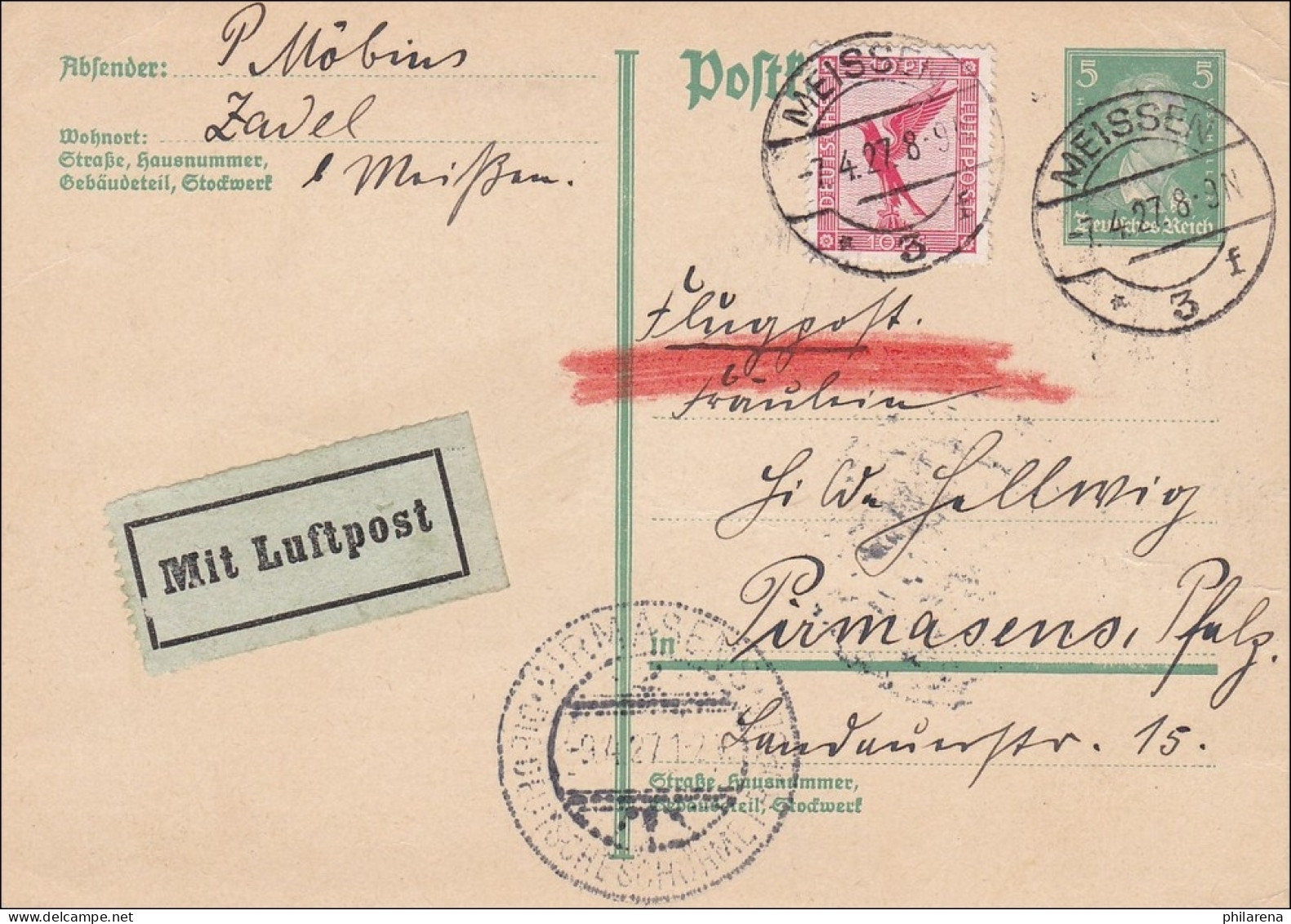 Weimar: Luftpost Karte Von Meissen Nach Pirmasens 1927 - Covers & Documents