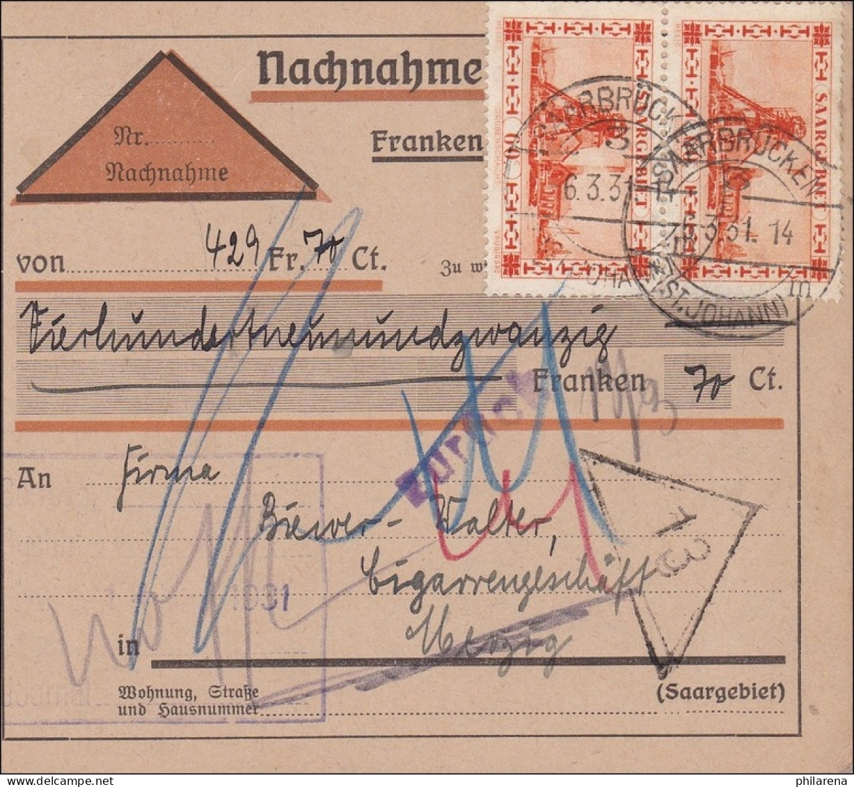 Saargebiet:Paketkarte Saarbrücken 1931; MiNr. 143 MeF - Briefe U. Dokumente