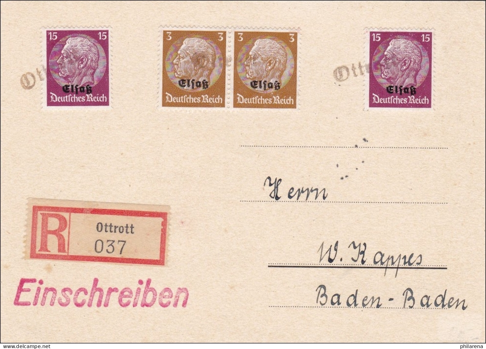 Elsass: Einschreiben Von Ottrott Nach Baden-Baden - Occupation 1938-45