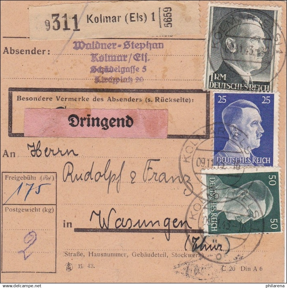 Elsass: Paketkarte Dringend Von Kolmar Nach Wasungen 1943 - Besetzungen 1938-45