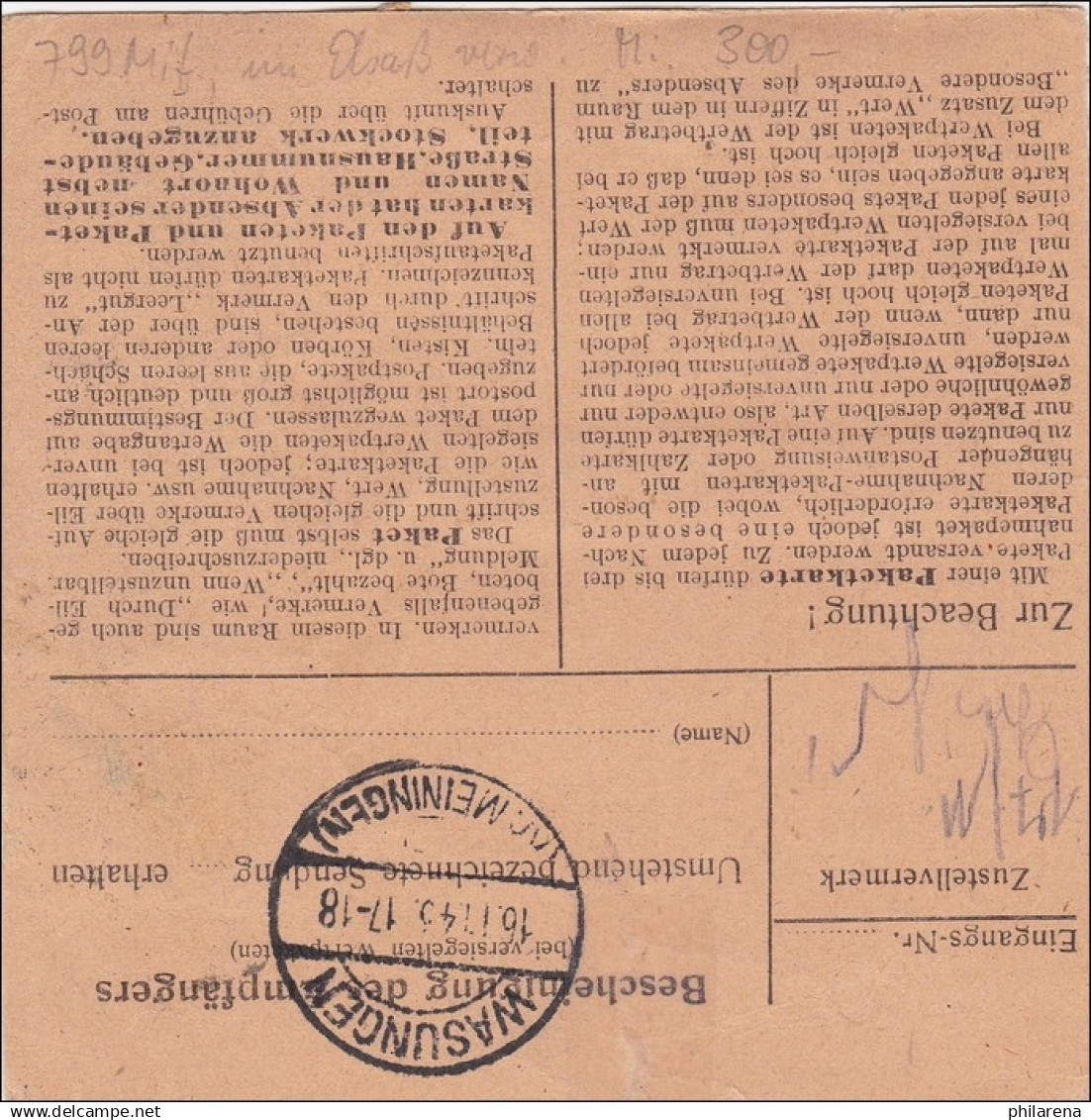 Elsass: Paketkarte Dringend Von Kolmar Nach Wasungen 1943 - Besetzungen 1938-45