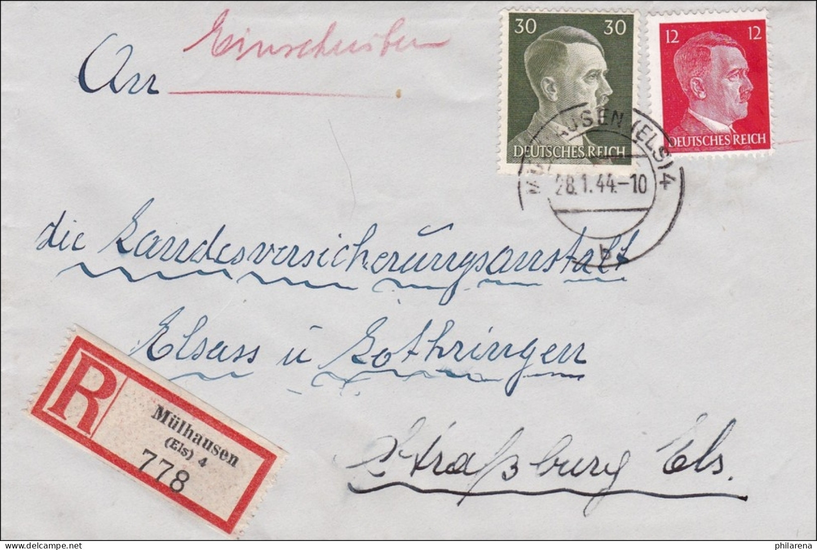 Elsass: Einschreiben Mühlhausen Nach Straßburg 1944 - Occupation 1938-45