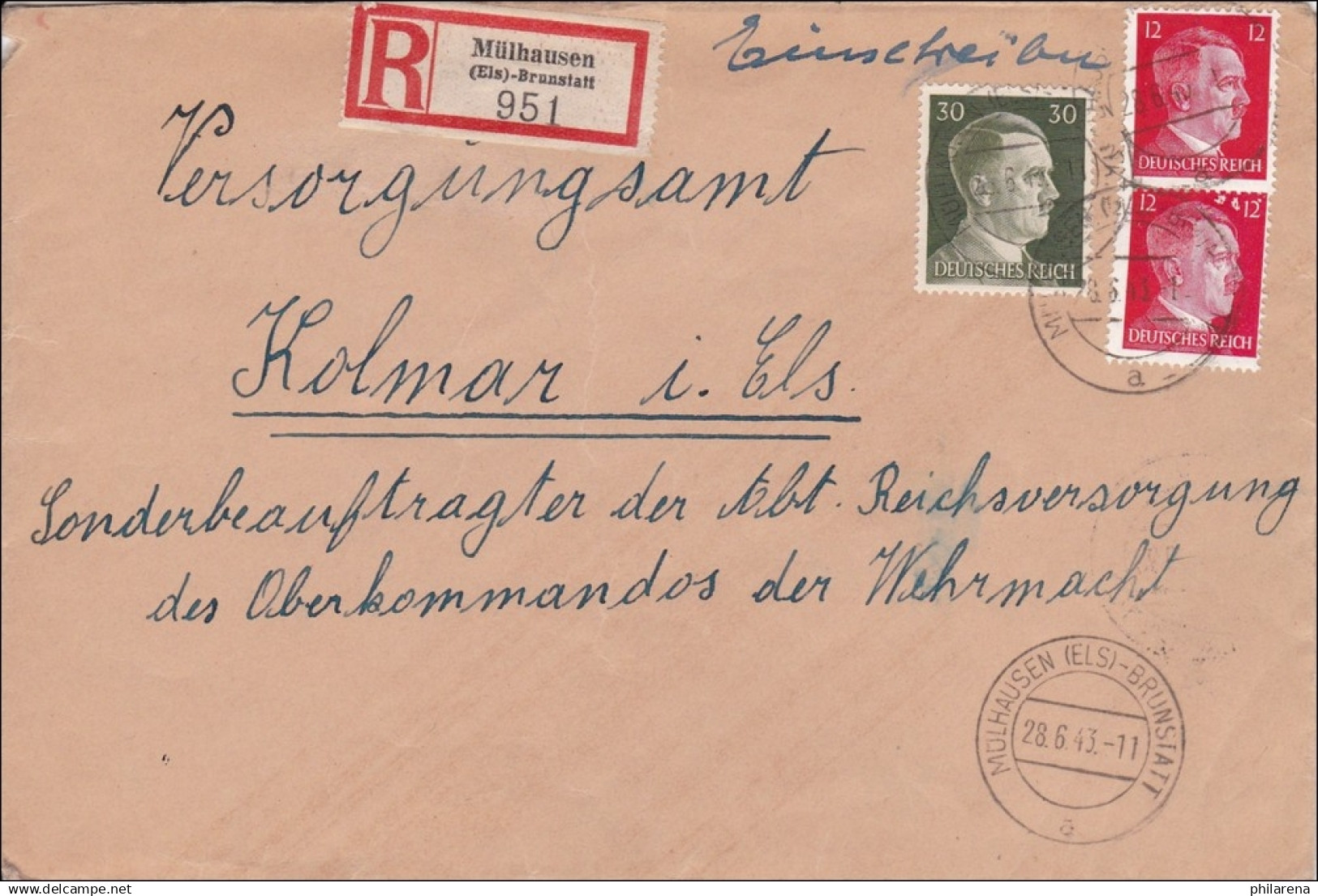 Elsass: Einschreiben Von Mühlhausen Nach Kolmar 1943 - Occupazione 1938 – 45