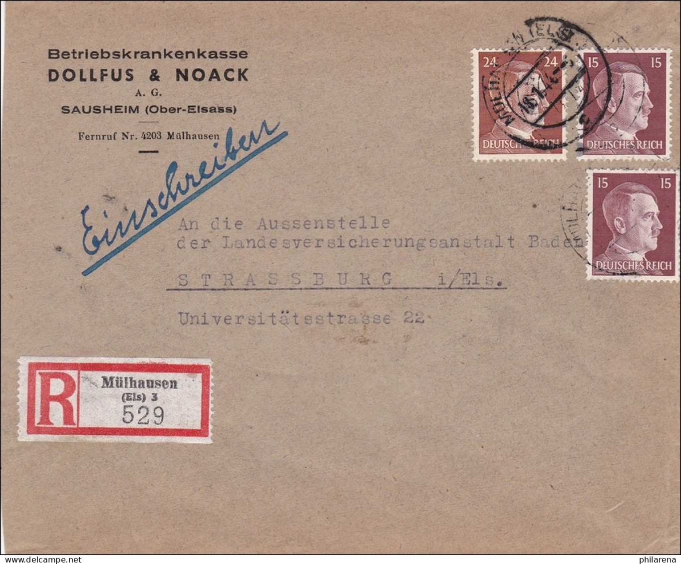 Elsass: Einschreiben Mühlhausen Nach Strassburg 1944 - Besetzungen 1938-45