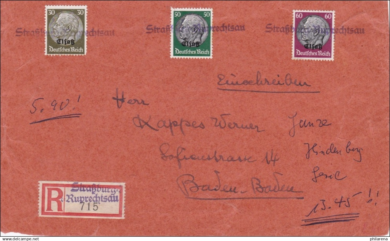 Elsass: Einschreiben Von Ruprechtsau/Strassburg Nach Baden Baden 1940 - Occupation 1938-45