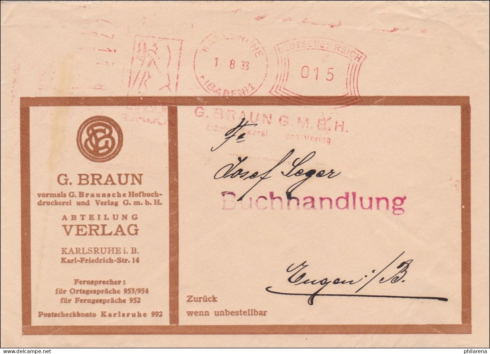 Freistempel: Buchhandlung Karlsruhe Nach Engen 1933 - Briefe U. Dokumente