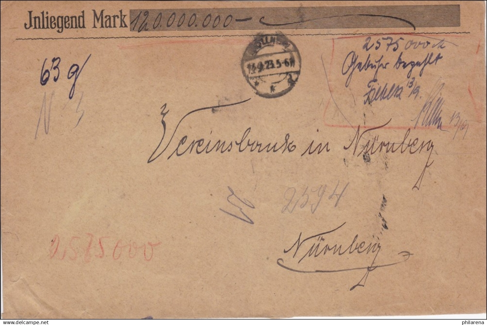 Gebühr Bezahlt: Werbrief 1923, Hanschriftlich Bestätigt, Nach Nürnberg - Covers & Documents