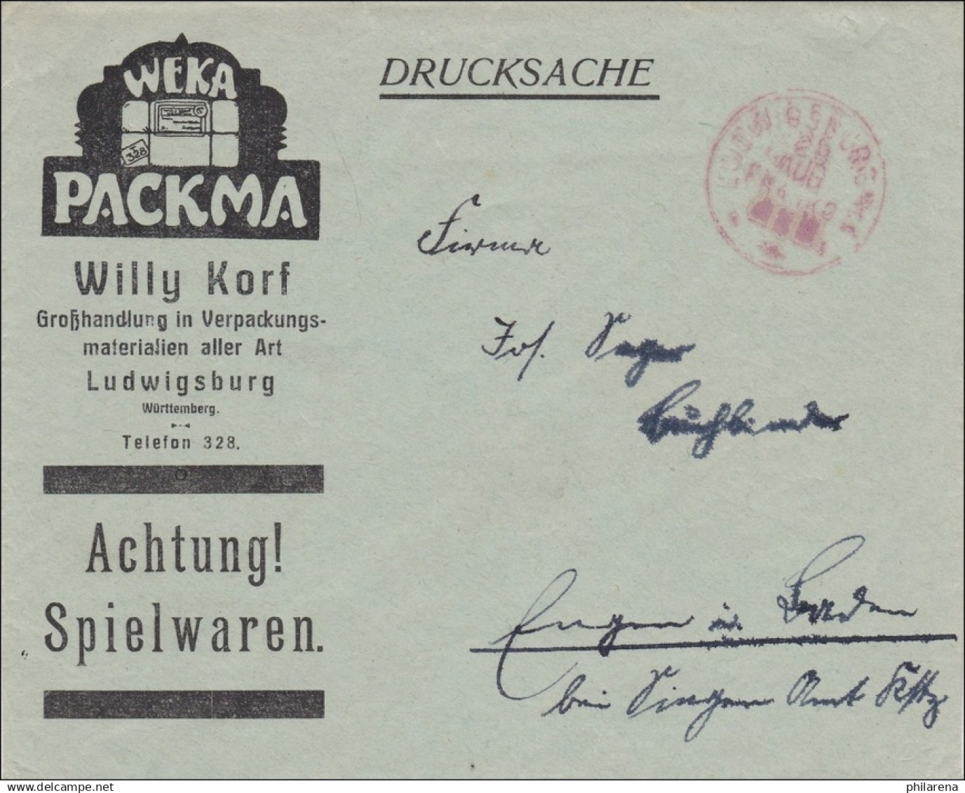 Gebühr Bezahlt: Spielwaren, Drucksache Brief Von Ludwigsburg - Cartas & Documentos