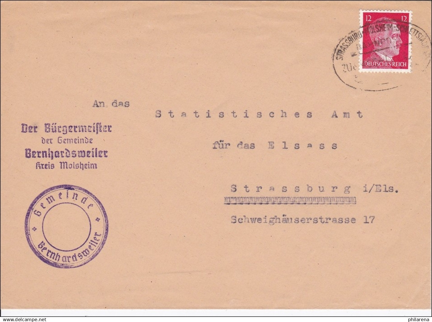 Elsass: Brief Aus Berhardsweiler-Bürgermeister-nach Strassburg Mit Bahnpost 1943 - Besetzungen 1938-45