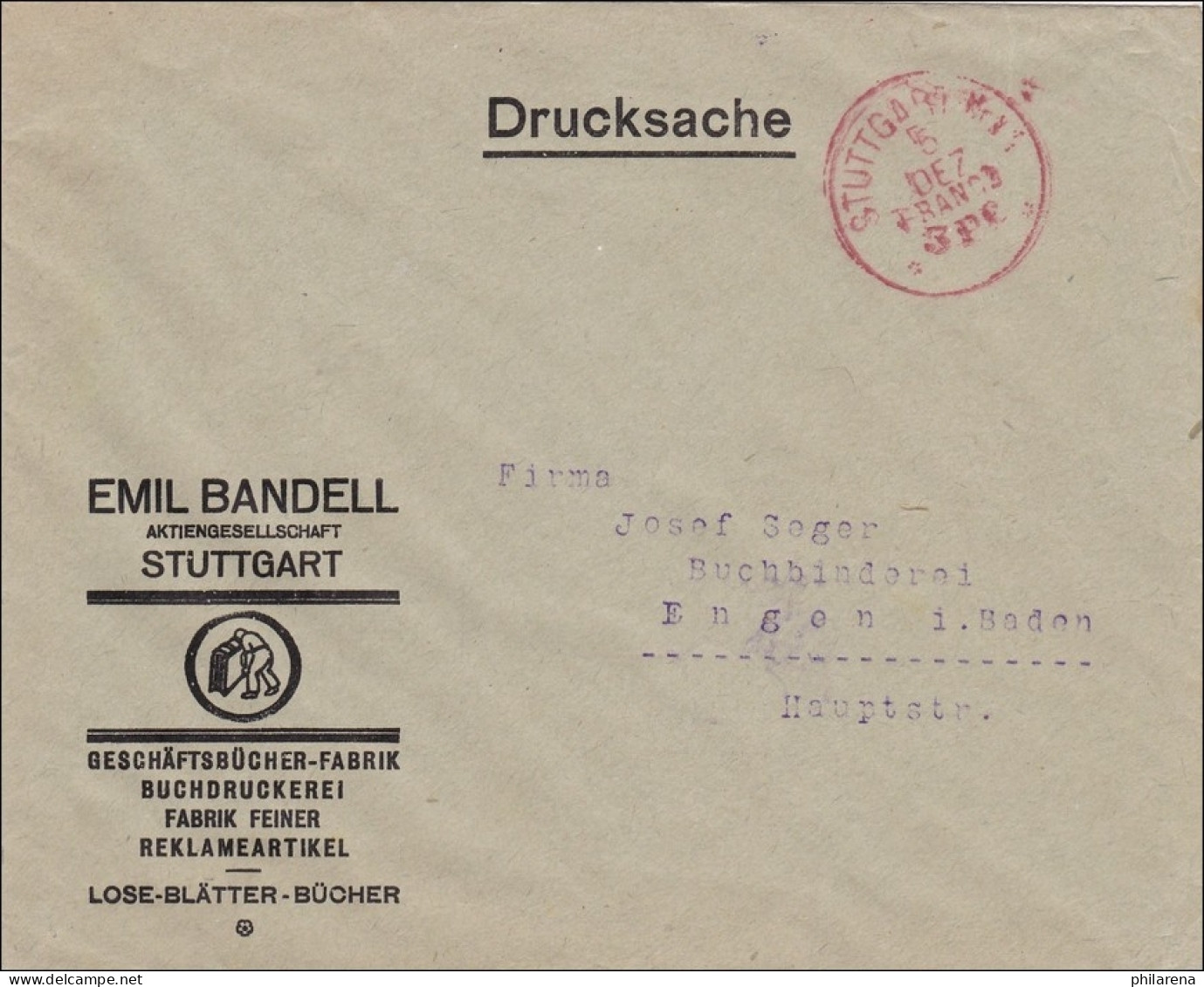 Gebühr Bezahlt: Reklameartikel,Drucksache Brief Von Stuttgart Nach Engen, Franco - Briefe U. Dokumente