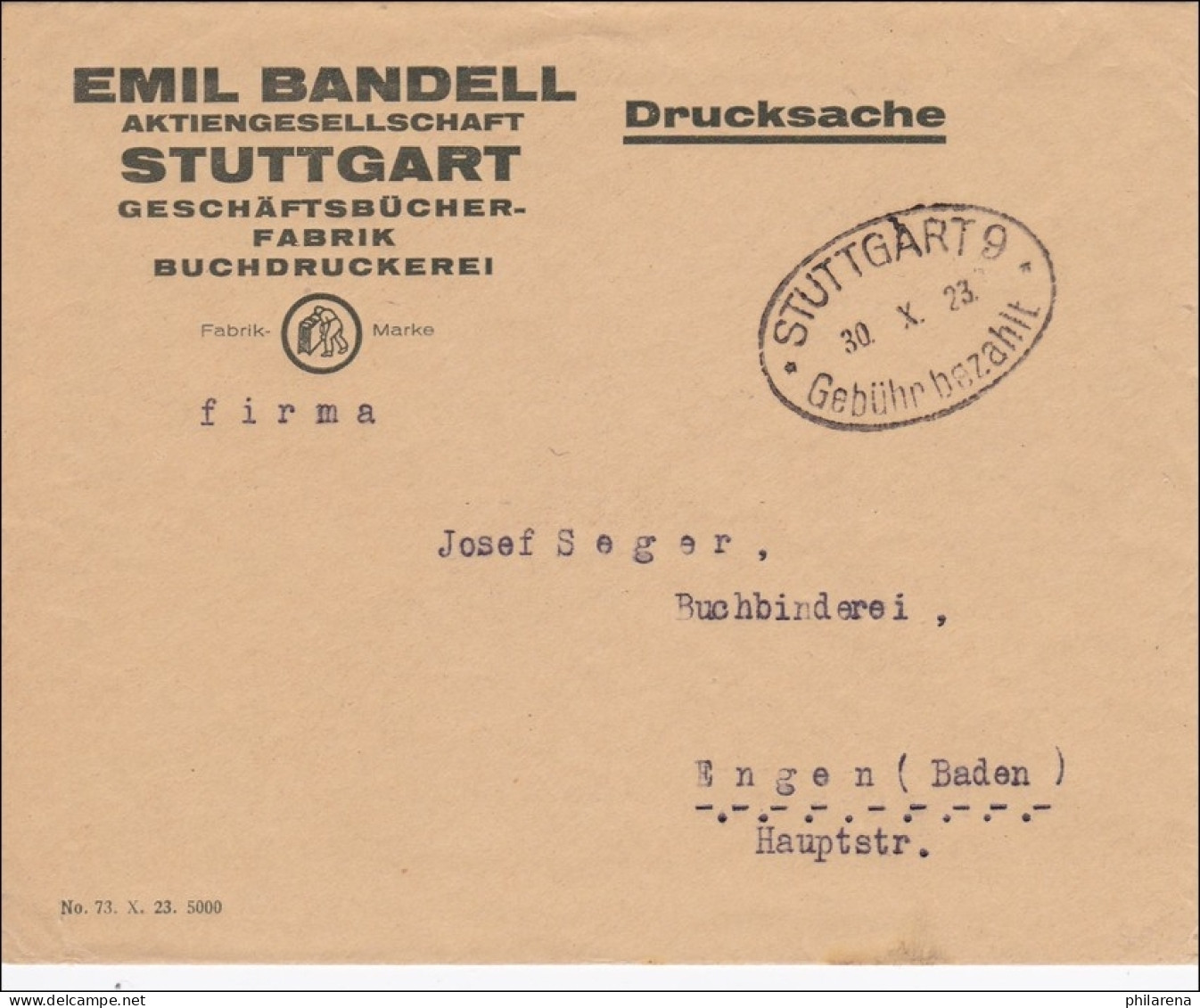 Gebühr Bezahlt: Geschäftsbücher Stuttgart 1923 - Covers & Documents