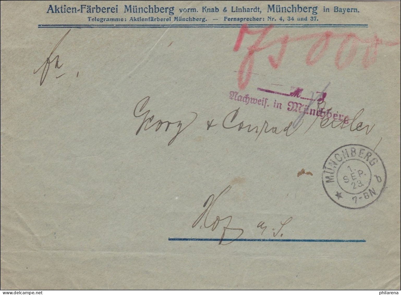 Gebühr Bezahlt: Färberei Münchberg, 1923, Nachweis ... - Lettres & Documents