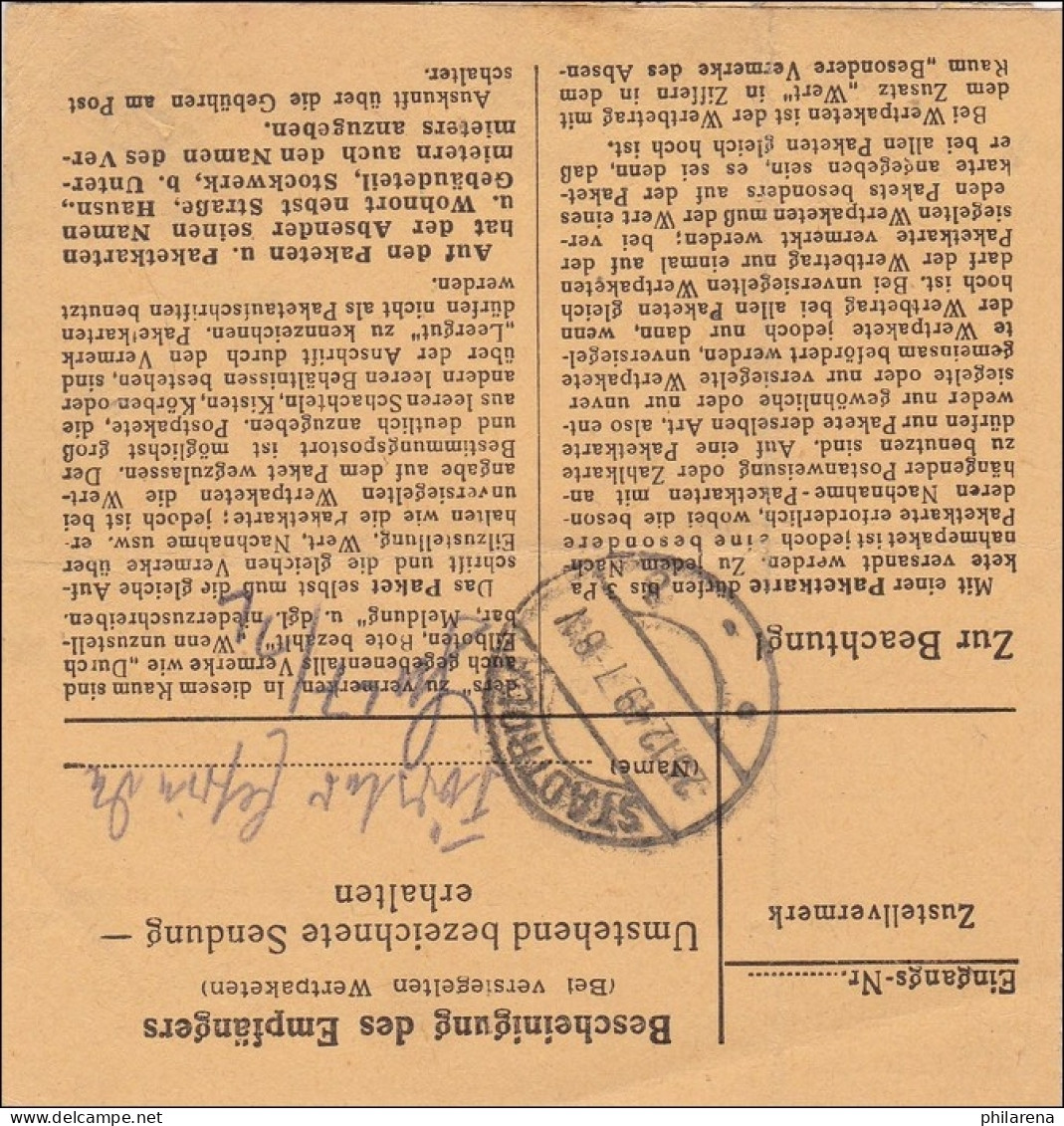 Gebühr Bezahlt: Paketkarte Von Regensburg 1949 Nach Stadtroda - Briefe U. Dokumente