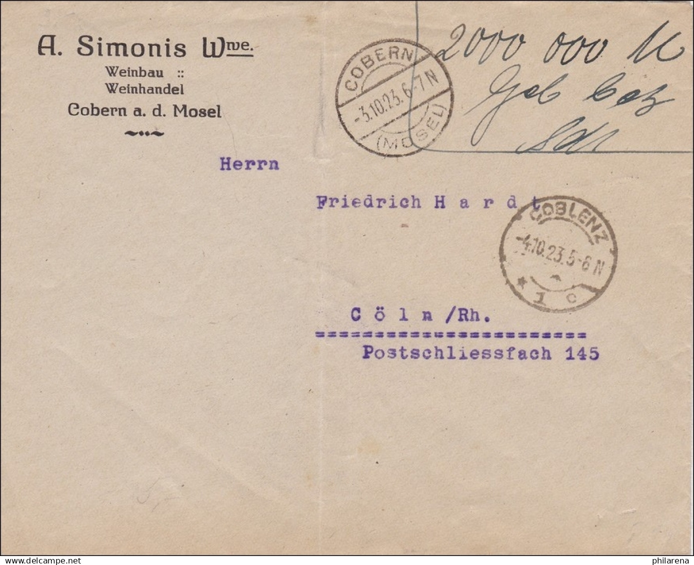 Gebühr Bezahlt: Brief Aus Cobern, Weinbau/Weinhandel Nach Köln 1923 - Lettres & Documents