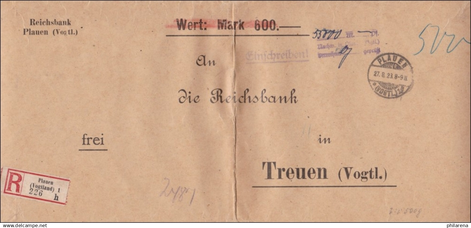 Gebühr Bezahlt: übergroßer Brief Aus Plauen 1923 Nach Treuen/Vogtland - Briefe U. Dokumente