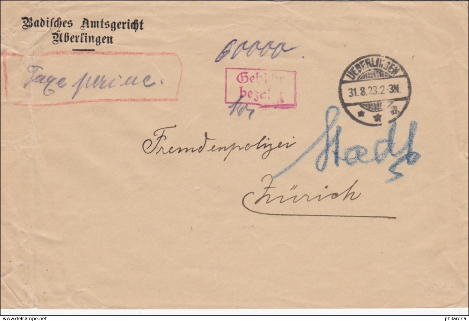 Gebühr Bezahlt: Brief Aus Überlingen Nach Zürich, Amtsgericht 1923 - Briefe U. Dokumente