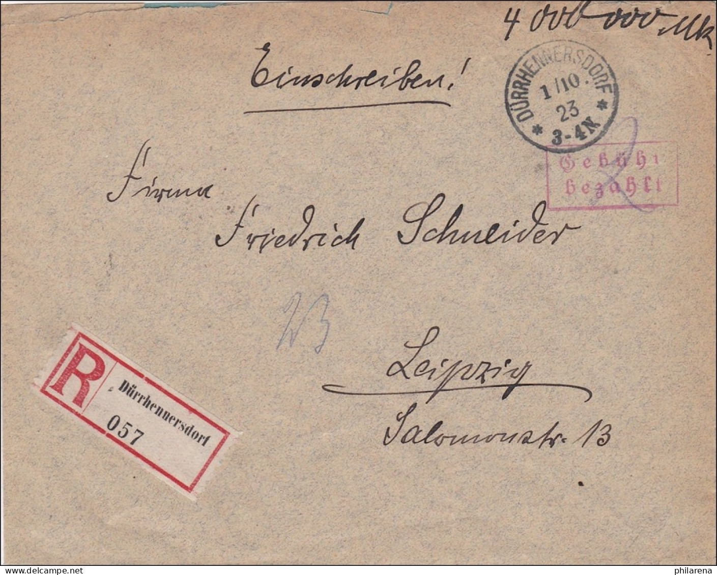 Gebühr Bezahlt: Brief Aus Dürrhennersdorf 1923 Nach Leipzig - Covers & Documents