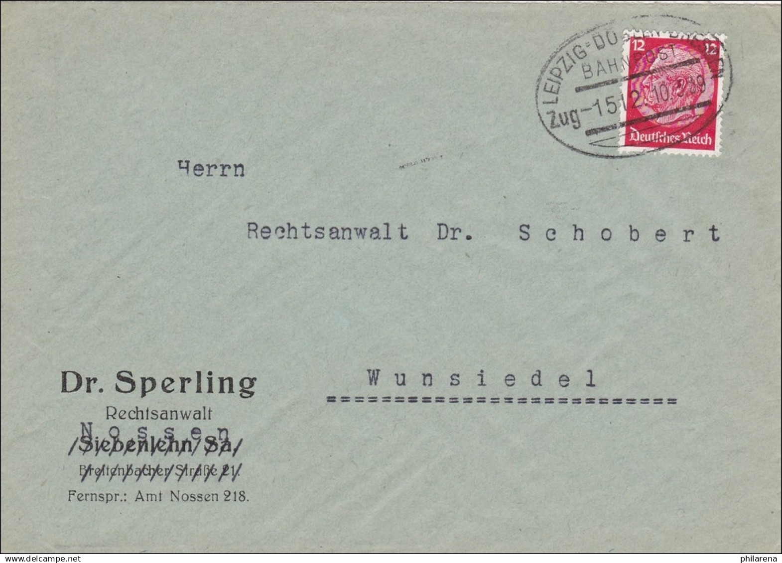 Bahnpost: Brief Aus Nossen Mit Zugstempel Leipzig-Dresden Nach Wunsiedel 1939 - Storia Postale