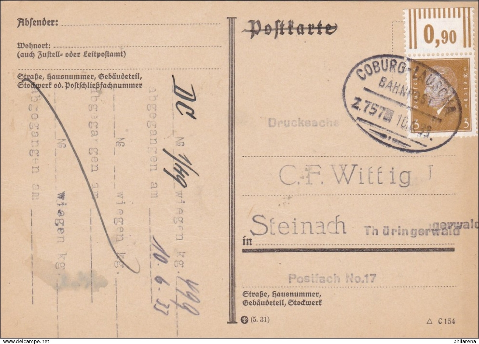 Bahnpost: Postkarte Mit Zugstempel Coburg-Lauscha 1933, Nach Steinach/Thüringen - Lettres & Documents