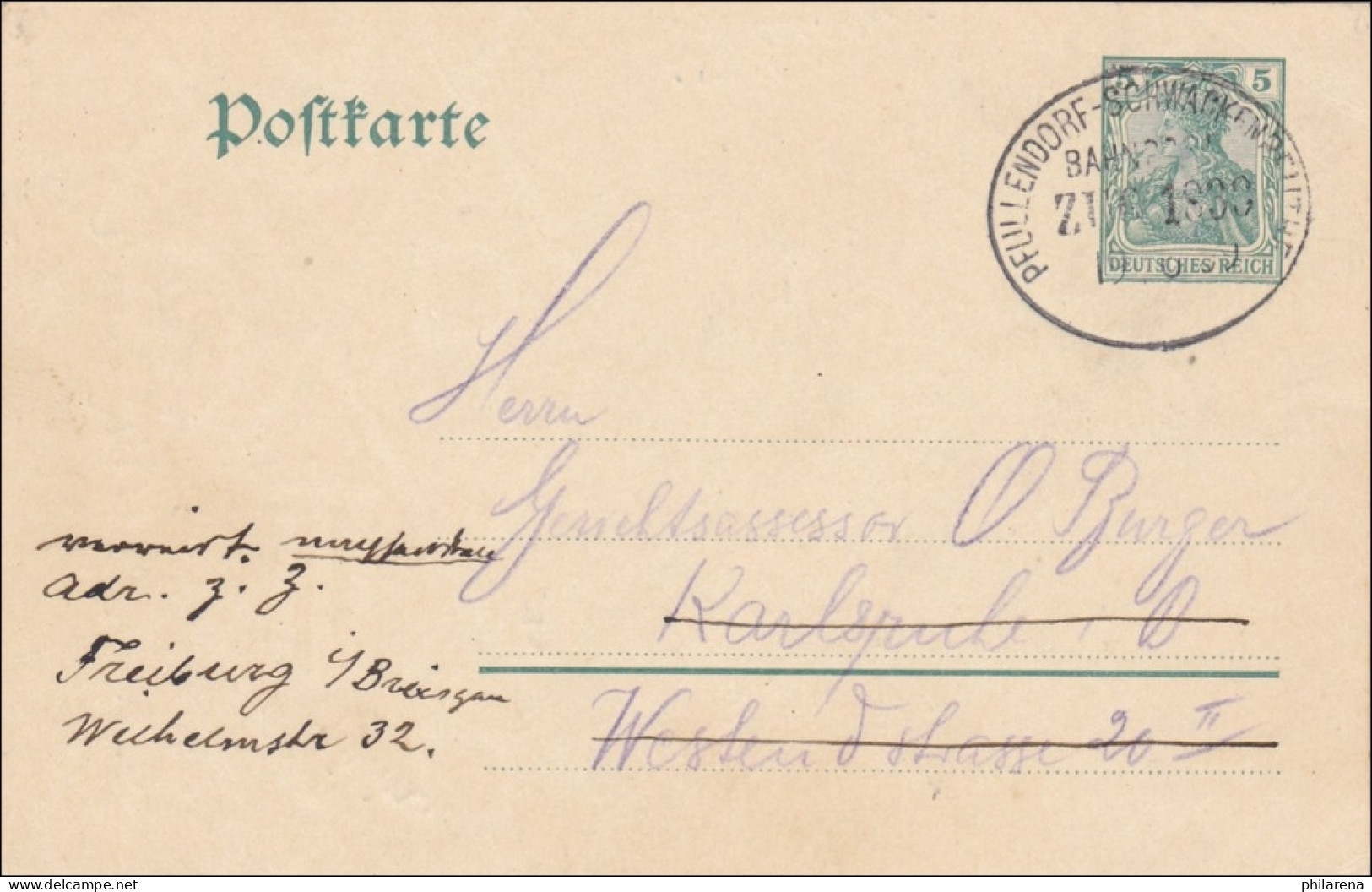 Bahnpost: Ganzsache Germania Mit Zugstempel Pfullendorf-Schwackenbeuthe 1909 - Lettres & Documents