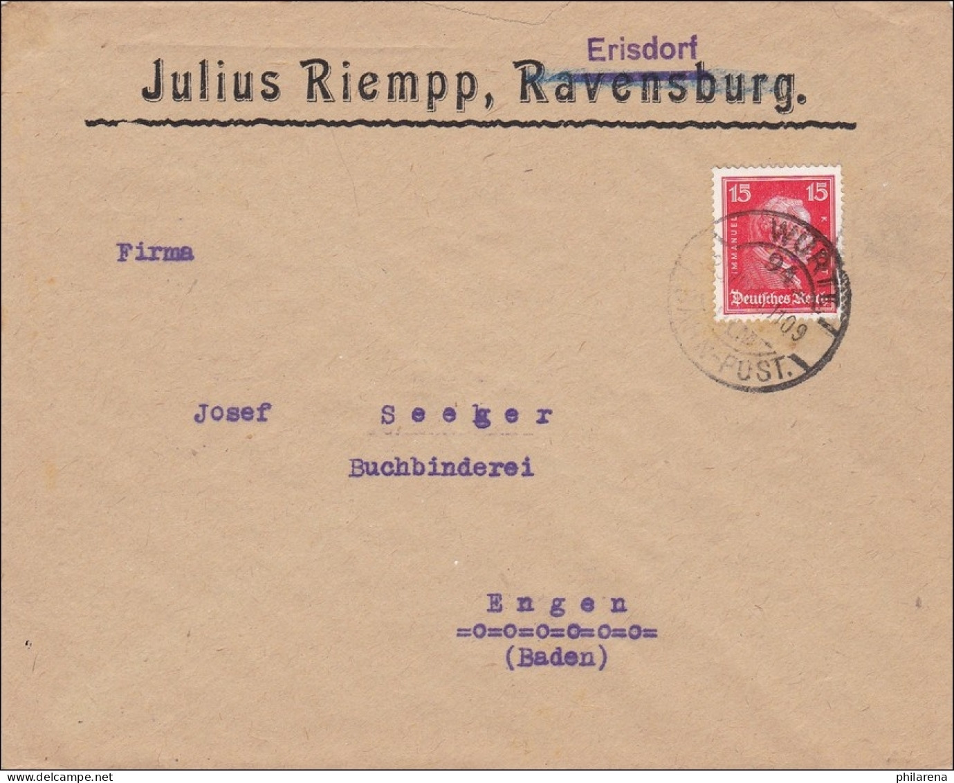 Bahnpost: Brief Aus Erisdorf/Ravensburg Mit Bahnpost Stempel 1909 - Covers & Documents