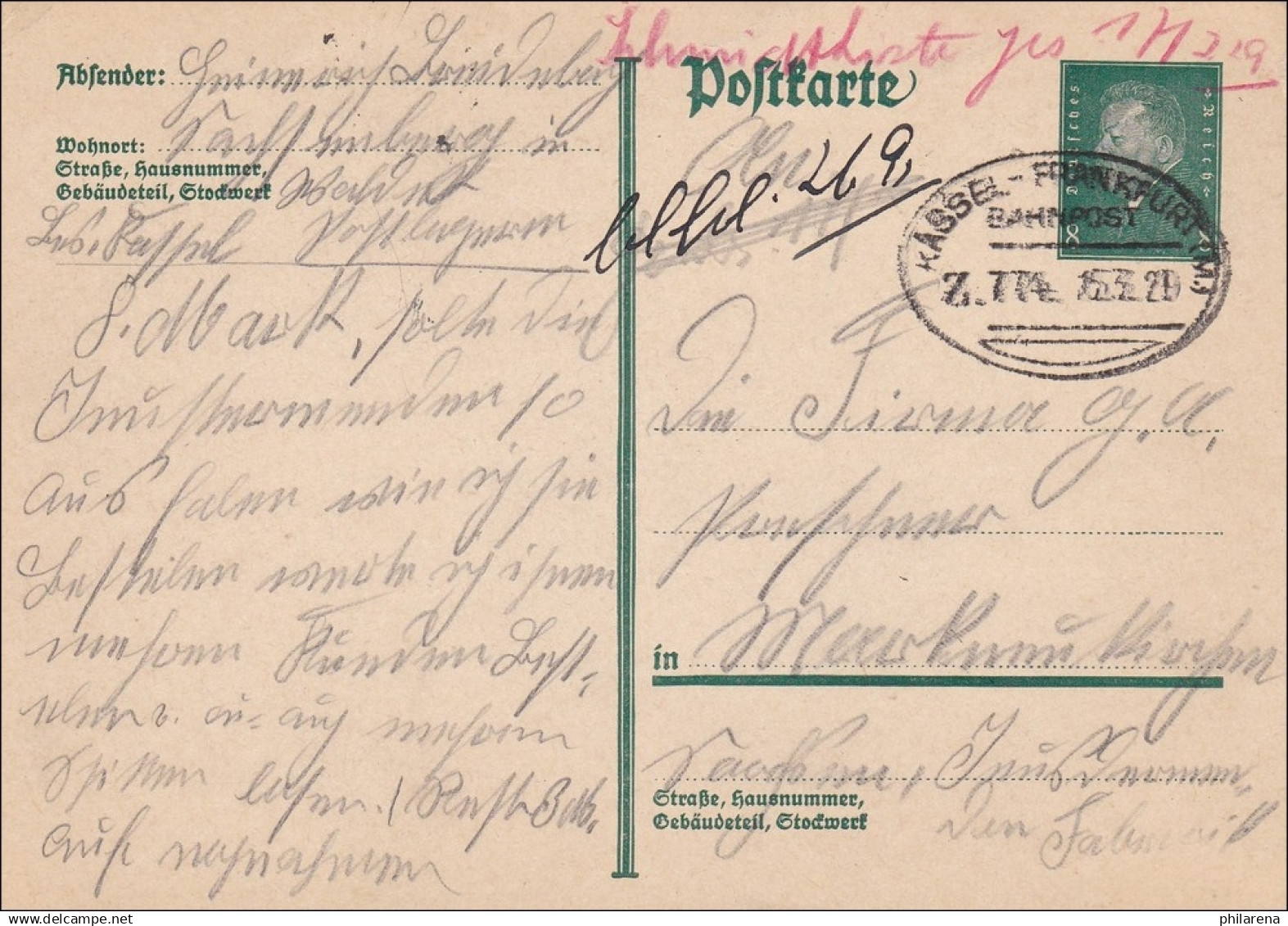 Bahnpost: Ganzsache Mit Zugstempel Kassel-Frankfurt 1929 - Covers & Documents