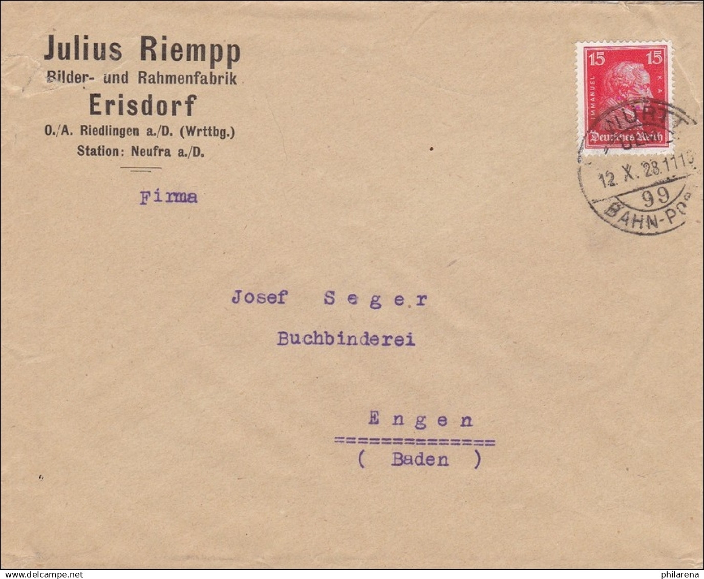 Bahnpost: Brief Von Erisdorf/Riedlingen Nach Engen Mit Bahnpost Stempel 1928 - Covers & Documents