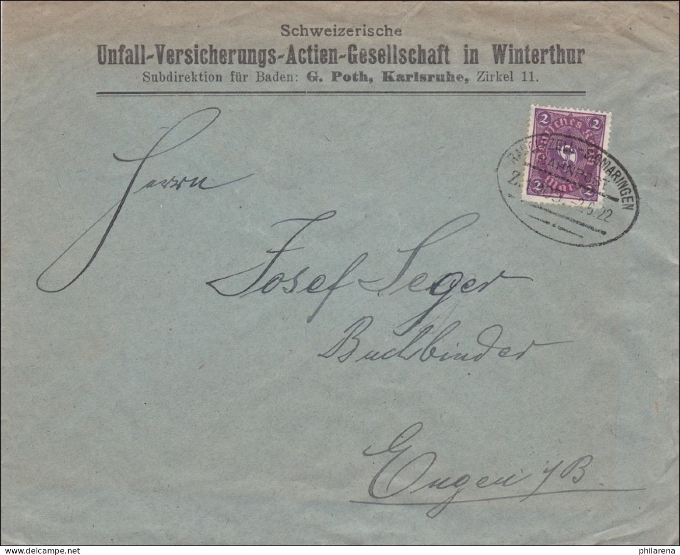 Bahnpost: Brief Von Karlsruhe Mit Zugstempel Radolfzell-Sigmaringen 1922 - Lettres & Documents