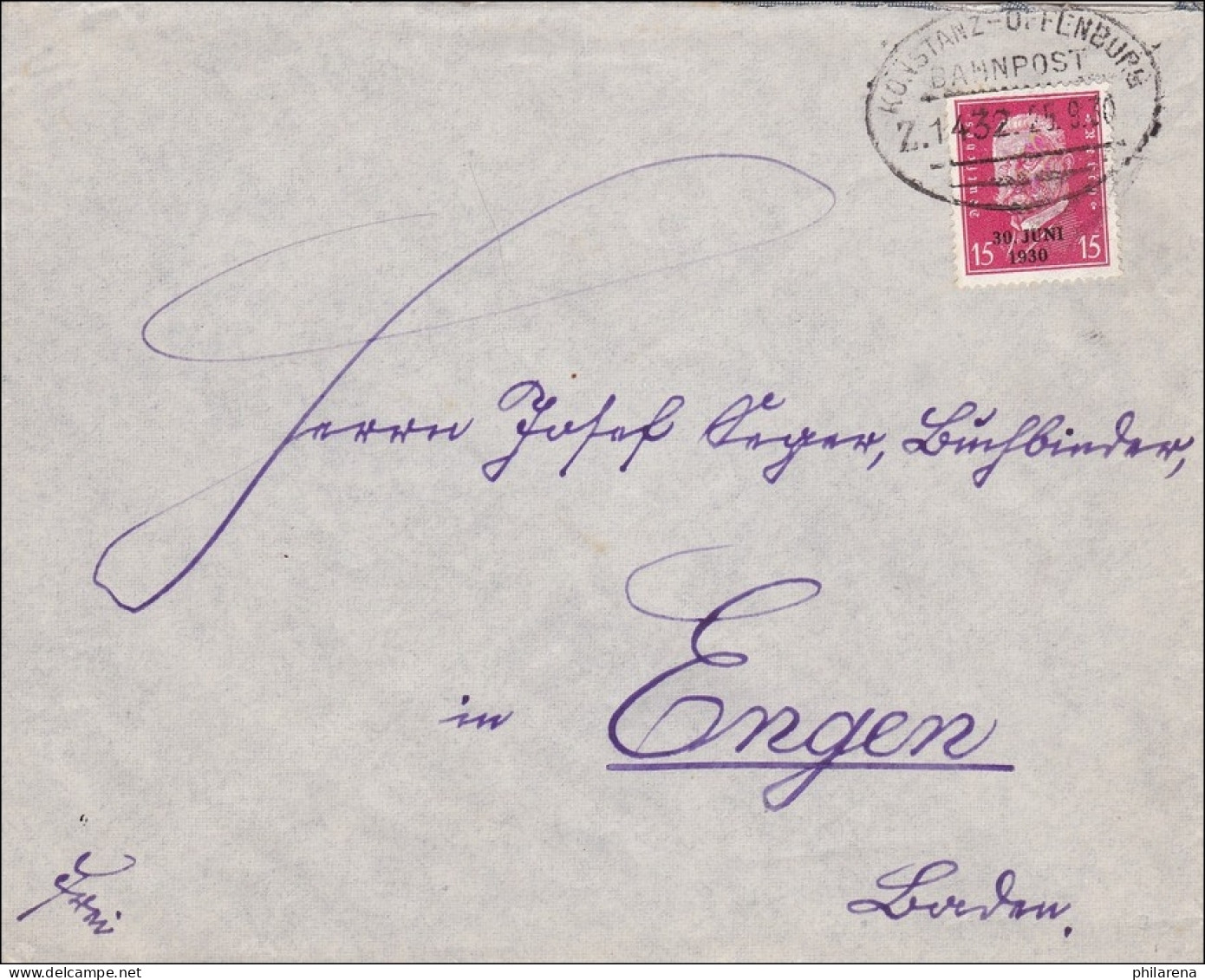 Bahnpost: 1930 Brief Mit Zugstempel Aus Konstanz-Offenburg  - Briefe U. Dokumente