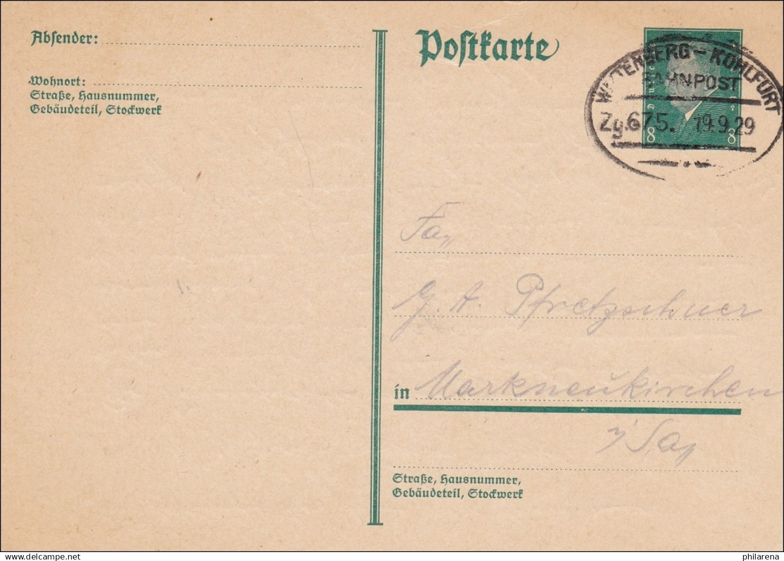 Bahnpost: Ganzsache Mit Zugstempel Wittenberg-Kohlfurt 1929 - Brieven En Documenten