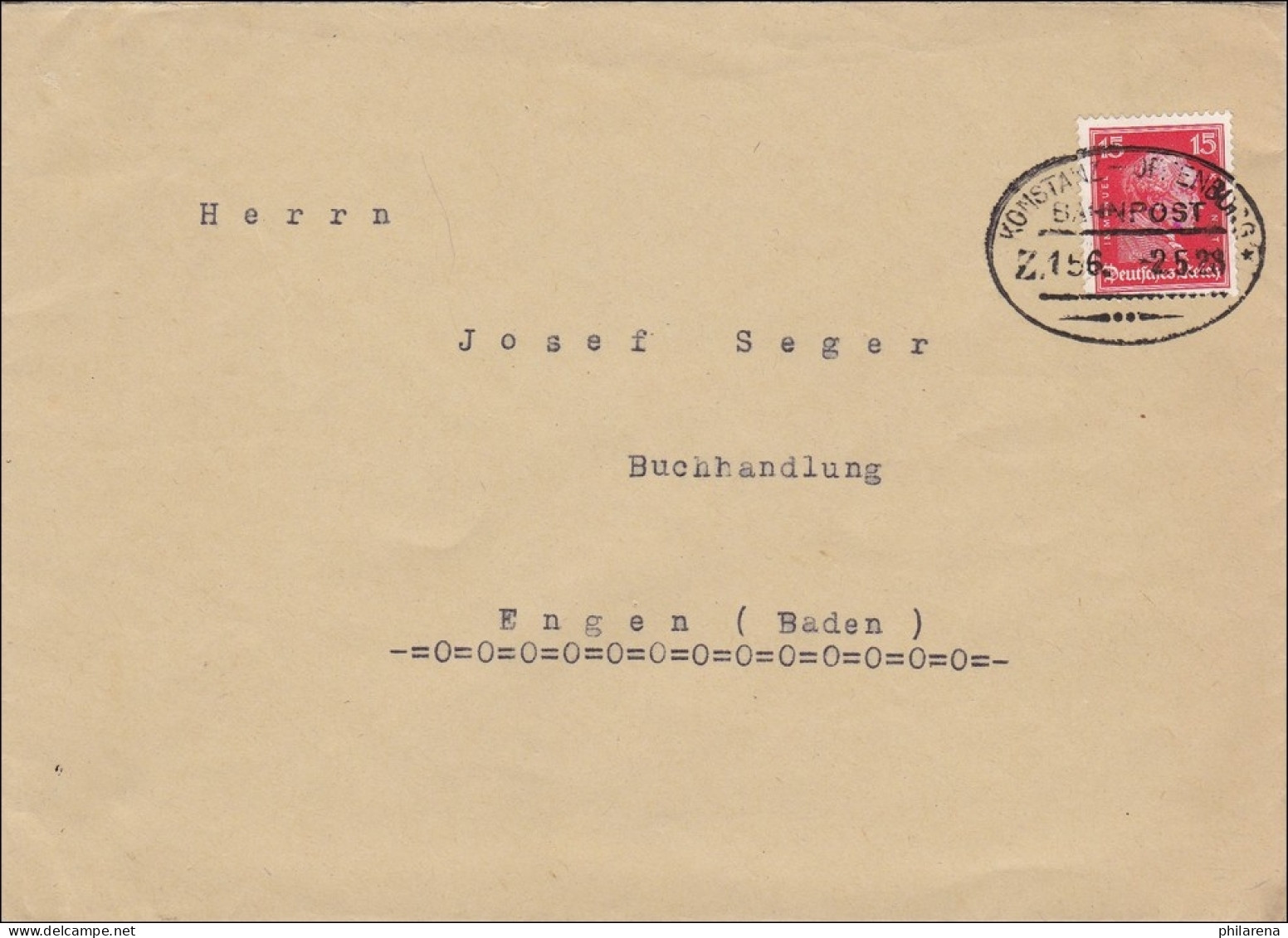 Bahnpost: Brief Aus Hinterschingen Mit Zugstempel Konstanz-Offenburg 1925 - Covers & Documents
