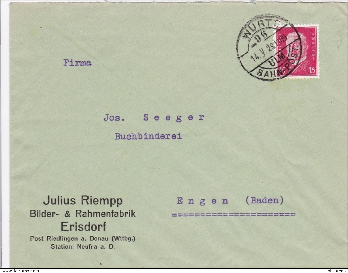 Bahnpost: Brief Aus Erisdorf/Riedlingen Mit Bahnpost Stempel 1929 - Lettres & Documents