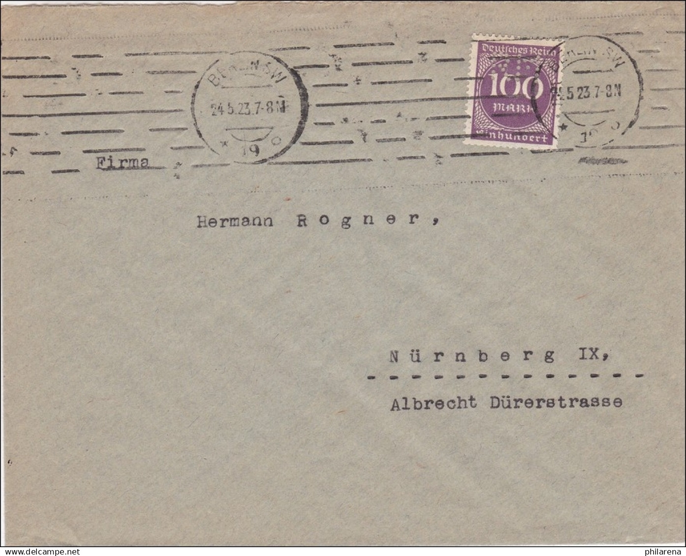 Perfin: Brief Aus Berlin Nach Nürnberg, 1923, RM - Briefe U. Dokumente