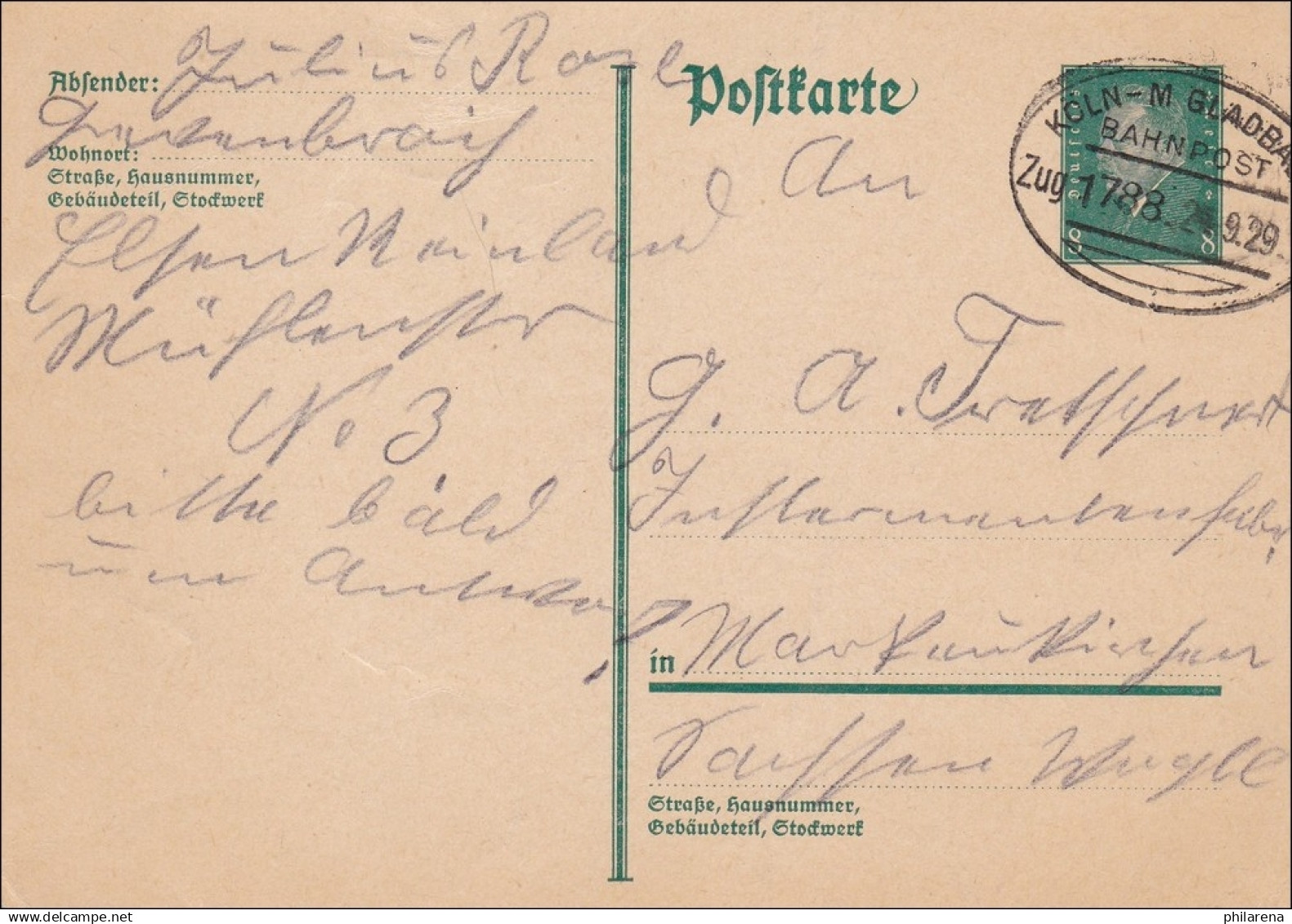 Bahnpost: Ganzsache Mit Zugstempel Köln-Mönchengladbach 1929 - Storia Postale