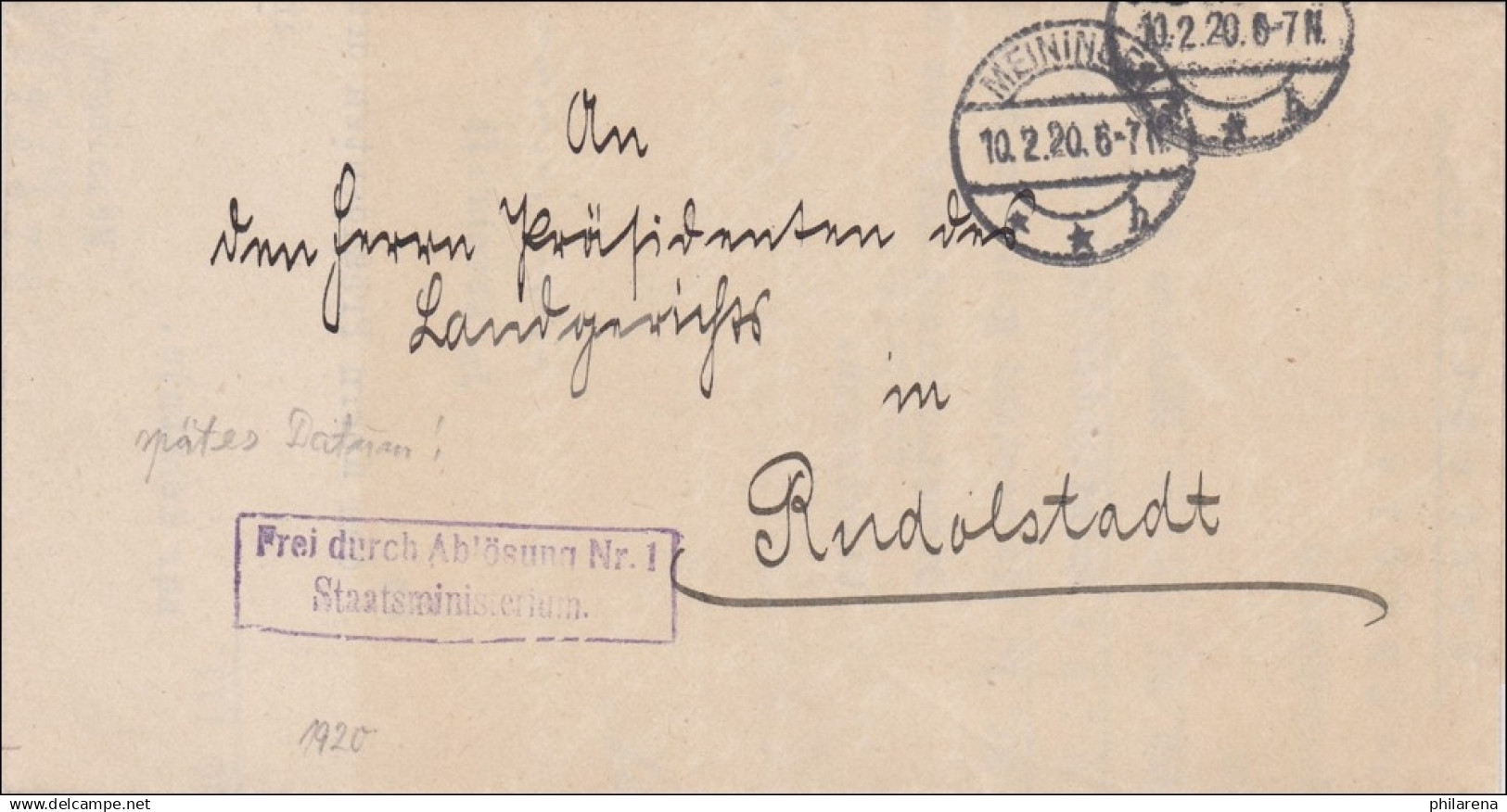 Staatsministerium Meiningen 1920 Nach Rudolstadt - Lettres & Documents