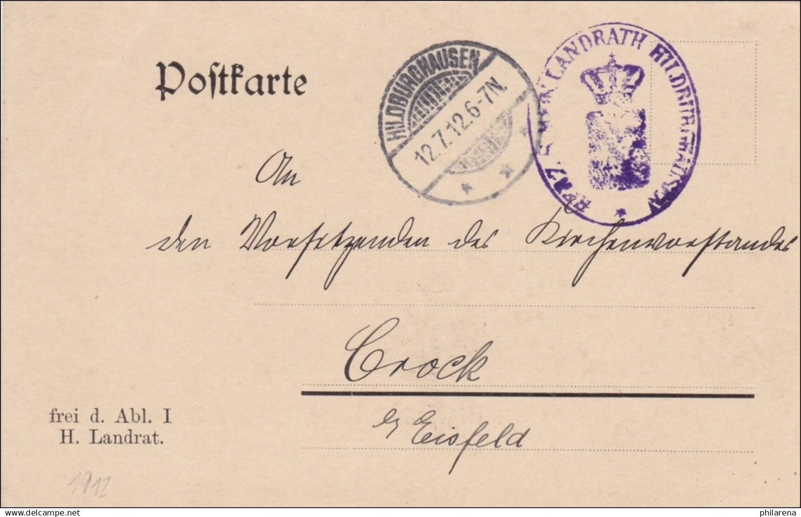 Postkarte Hildburghausen 1912 Nach Crock/Eisfeld - Briefe U. Dokumente