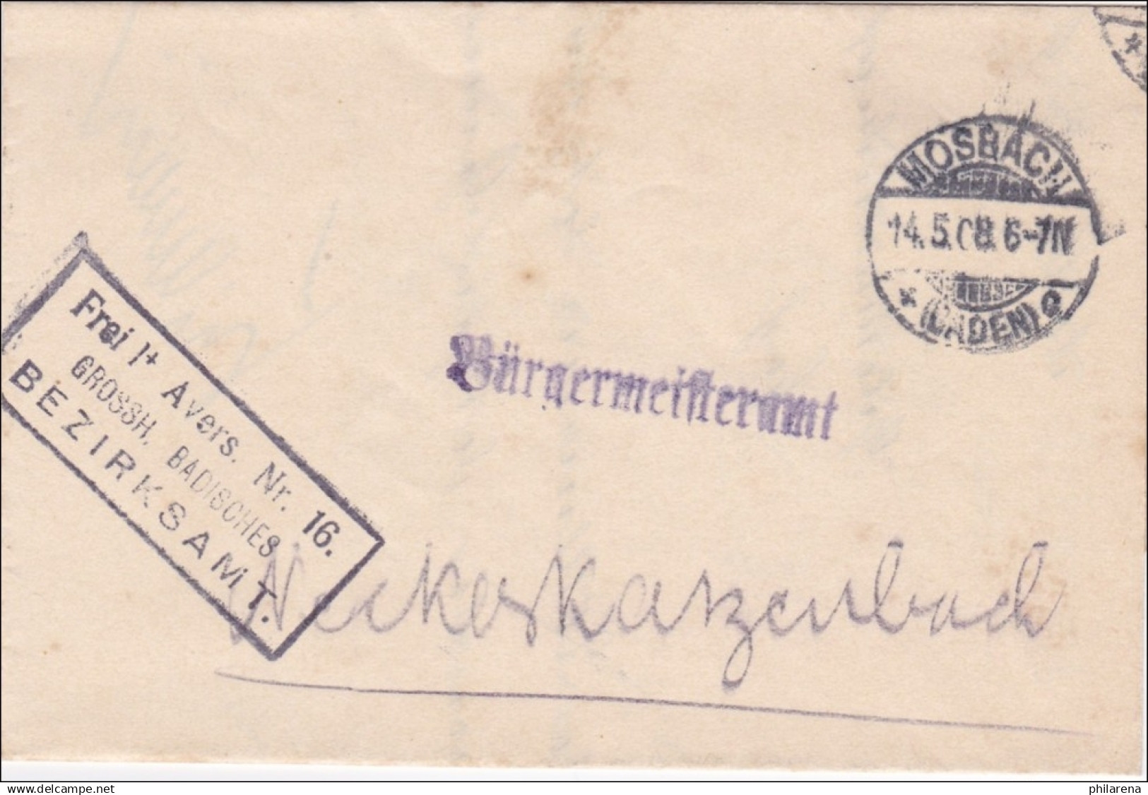 Badisches Bezirksamt Mosbach An Bürgermeisteramt Neckargerach 1908 - Storia Postale