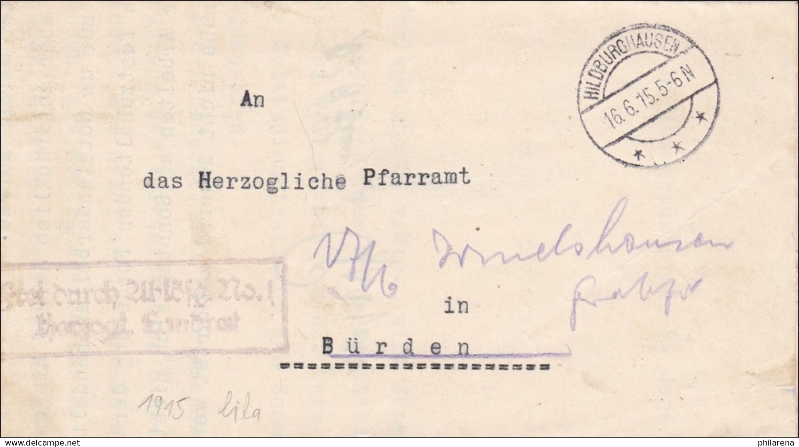 Hildburghausen 1915 Vom Herzoglichen Landrat Nach Bürden - Storia Postale