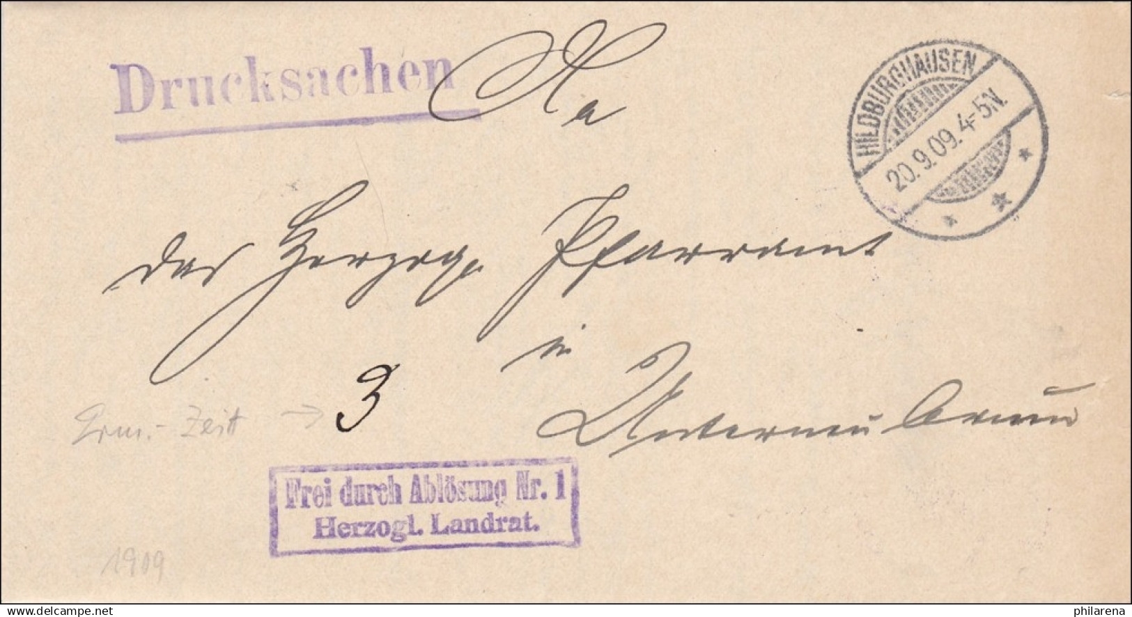 Hildburghausen 1909 Vom Herzoglichen Landrat Als Drucksache - Storia Postale