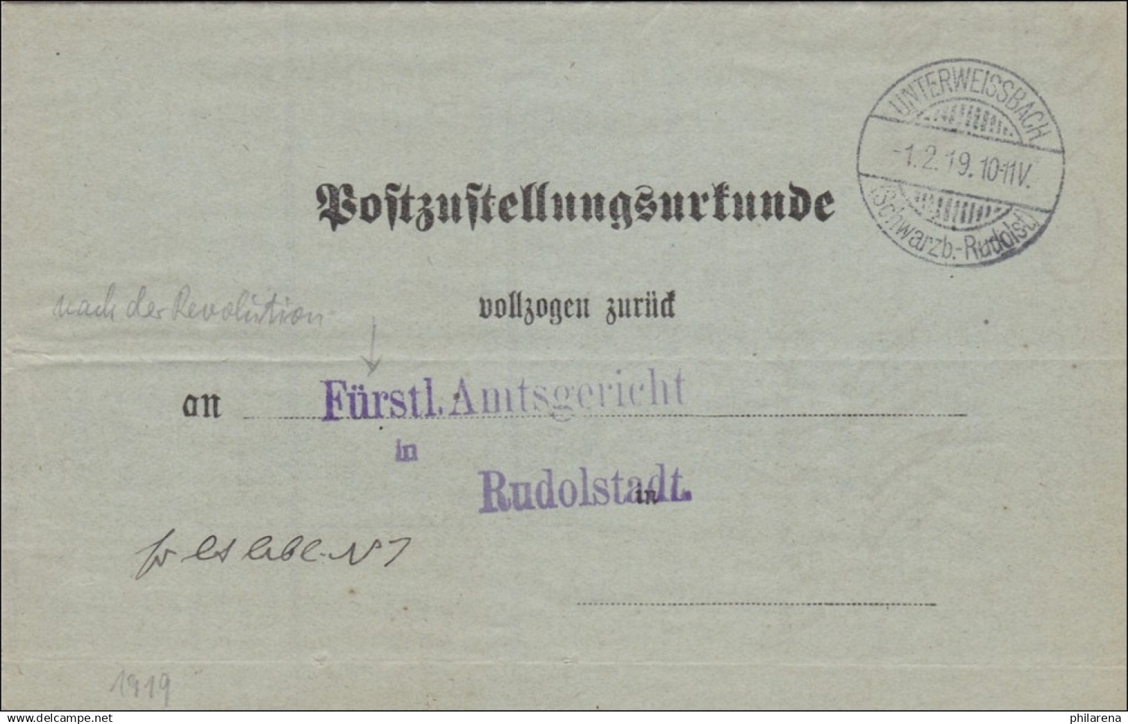 Postzustellurkunde Unterweissbach Nach Rudolstadt - Storia Postale