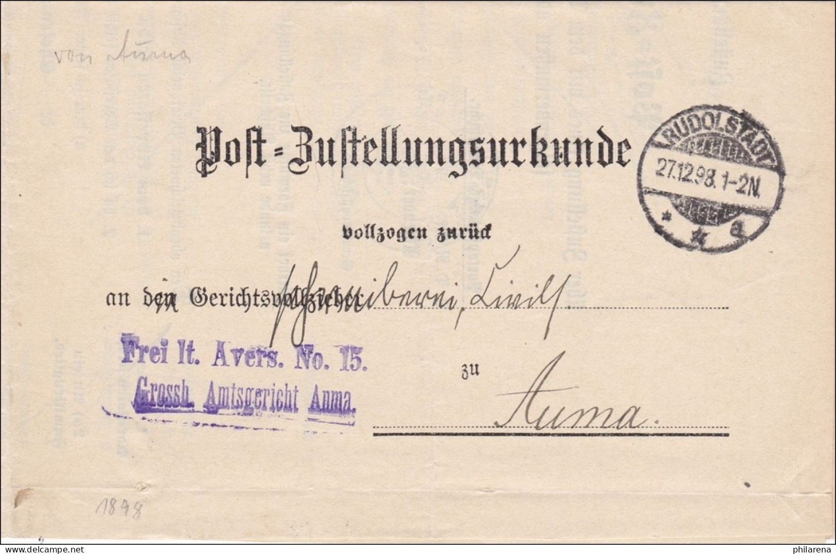 Postzustellurkunde 1893 Von Rudolstadt Nach Auma - Lettres & Documents