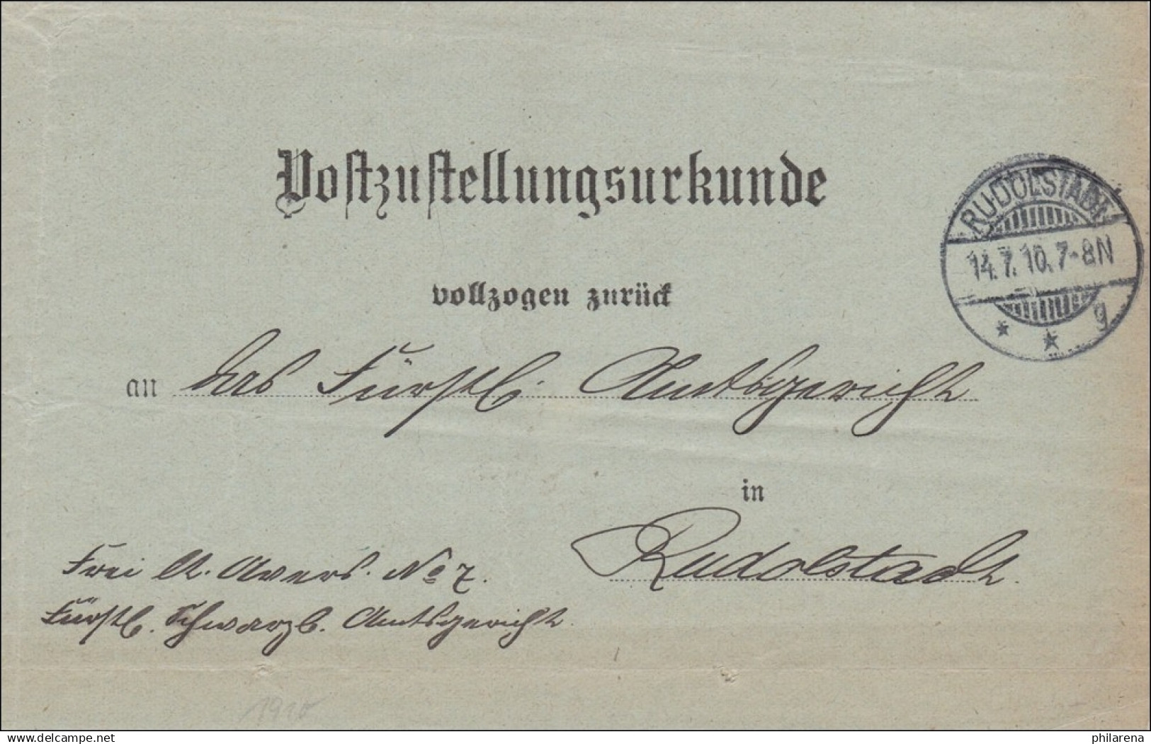 Postzustellurkunde Rudolstadt - Lettres & Documents