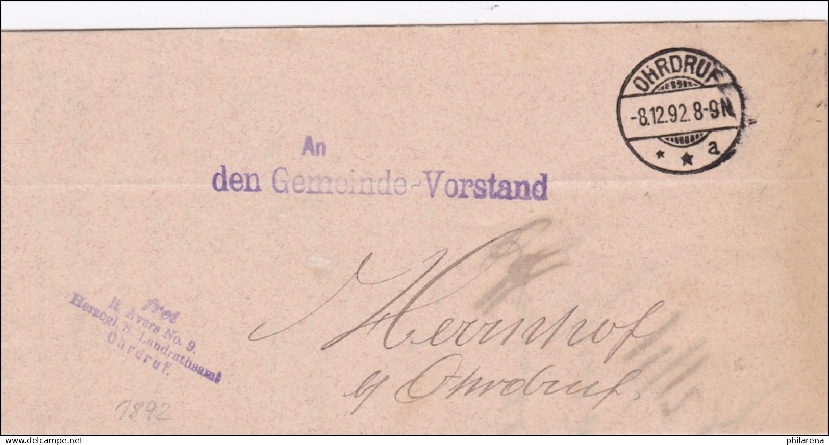 Landratsamt Ohrdruf 1892 An Den Gemeinde Vorstand - Brieven En Documenten