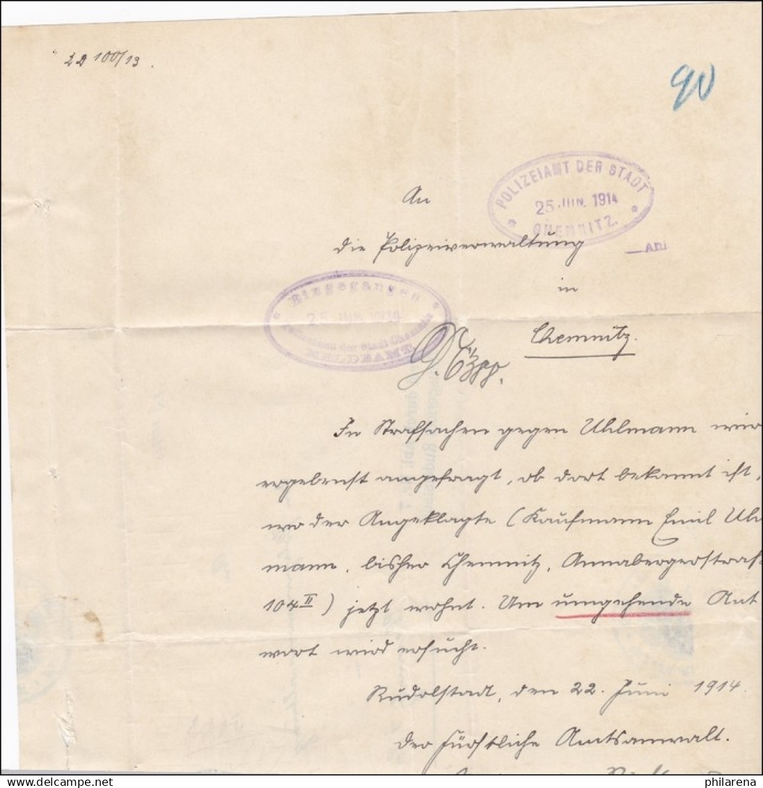Amtsgericht Rudolstadt 1914 Nach Chemnitz - Briefe U. Dokumente
