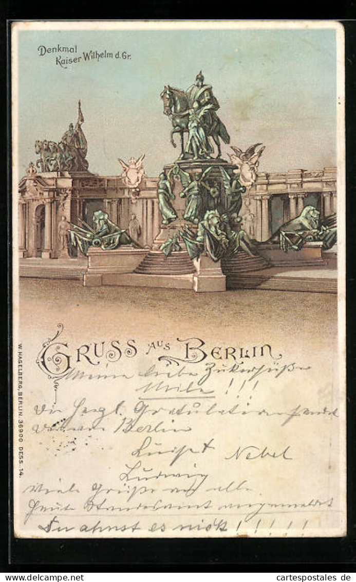 Lithographie Berlin, Denkmal Kaiser Wilhelm D. Gr.  - Mitte